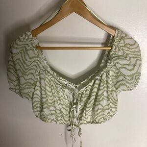 Eloise Green Ruched Boho Puff Sleeve Crop Blouse L